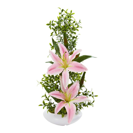 Lily and Boxwood Artificial Arrangement in White Planter by Nearly Natural