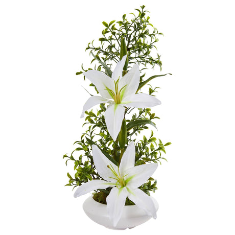 Lily and Boxwood Artificial Arrangement in White Planter by Nearly Natural