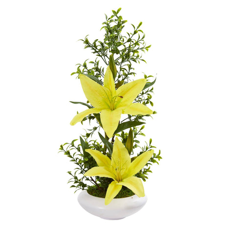 Lily and Boxwood Artificial Arrangement in White Planter by Nearly Natural