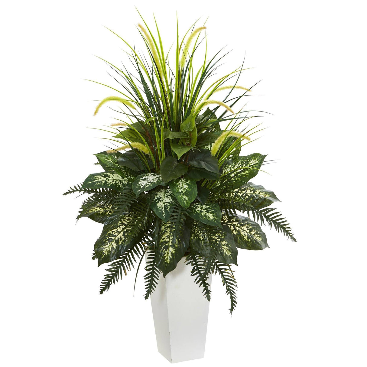 Mixed River Fern and Dogtail Artificial Plant in White Tower Planter by Nearly Natural