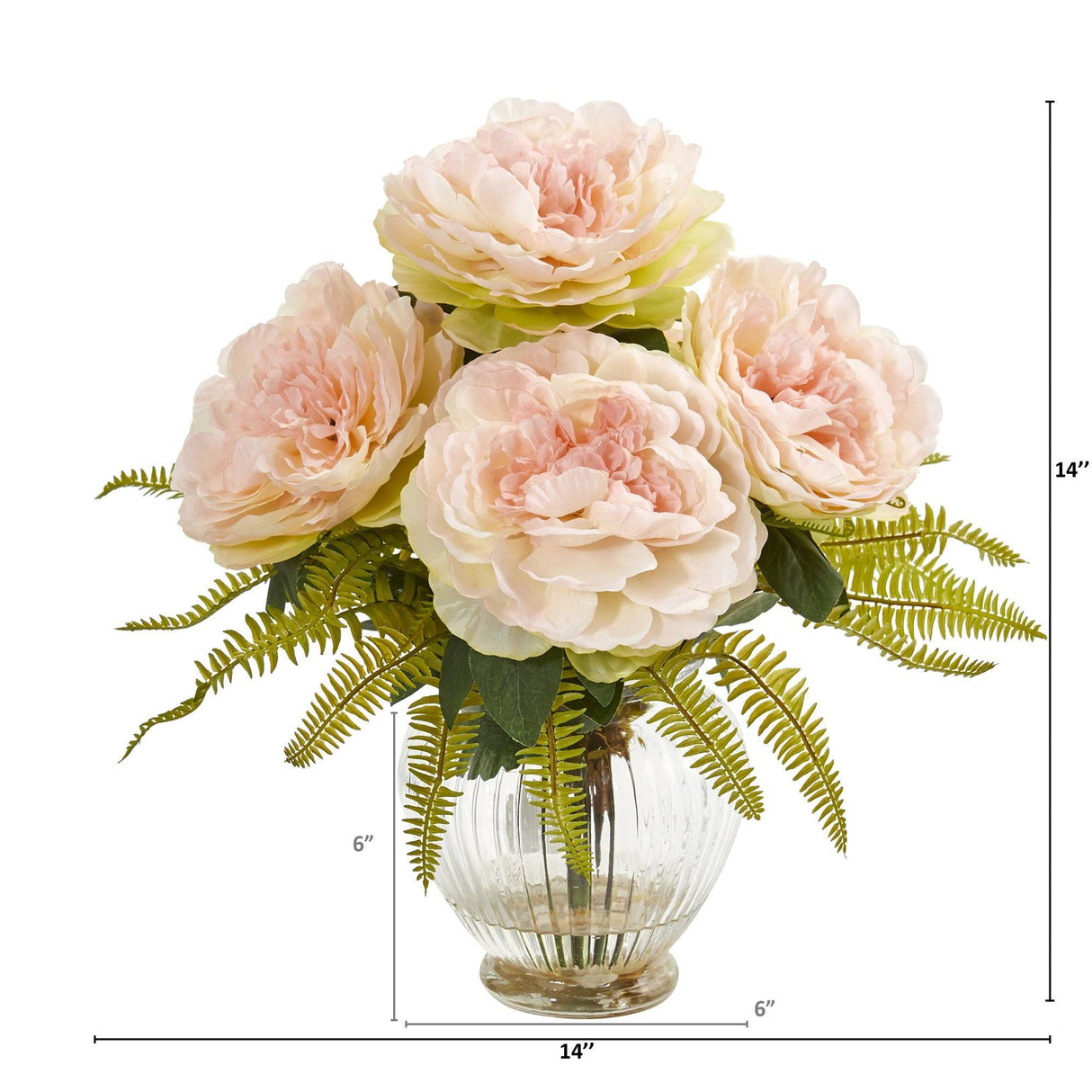 Peony and Fern Artificial Arrangement in Glass Vase by Nearly Natural