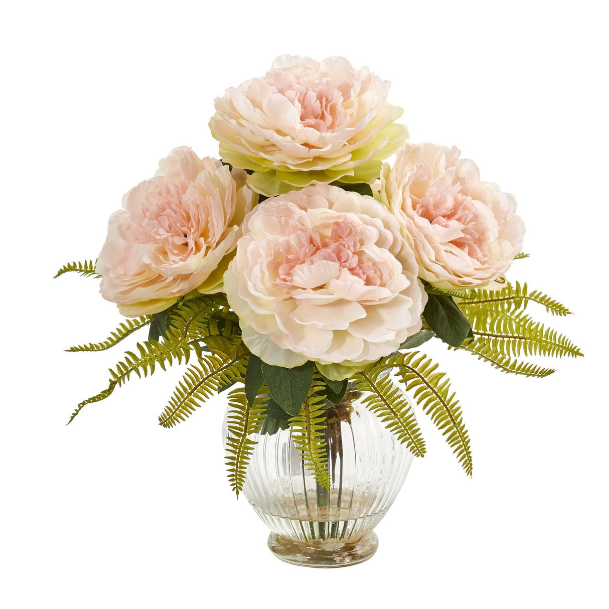 Peony and Fern Artificial Arrangement in Glass Vase by Nearly Natural