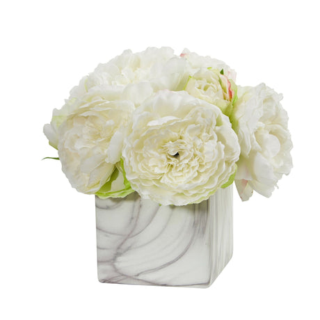 Peony Artificial Arrangement in Marble Finished Vase by Nearly Natural