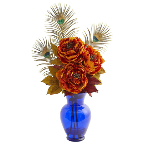 Peony in Blue Vase Artificial Arrangement by Nearly Natural