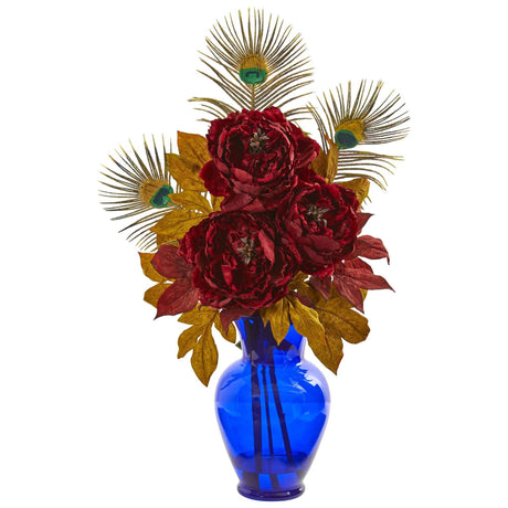 Peony in Blue Vase Artificial Arrangement by Nearly Natural