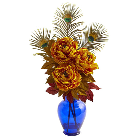 Peony in Blue Vase Artificial Arrangement by Nearly Natural