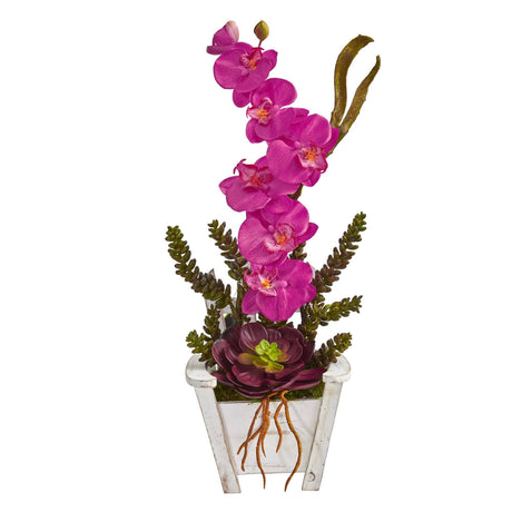 Phalaenopsis Orchid & Succulent Artificial Arrangement in Chair Planter by Nearly Natural