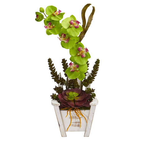 Phalaenopsis Orchid & Succulent Artificial Arrangement in Chair Planter by Nearly Natural