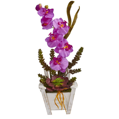 Phalaenopsis Orchid & Succulent Artificial Arrangement in Chair Planter by Nearly Natural