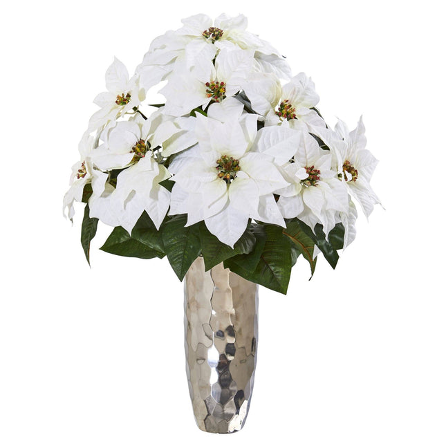 Poinsettia Artificial Arrangement in Silver Cylinder Vase by Nearly Natural