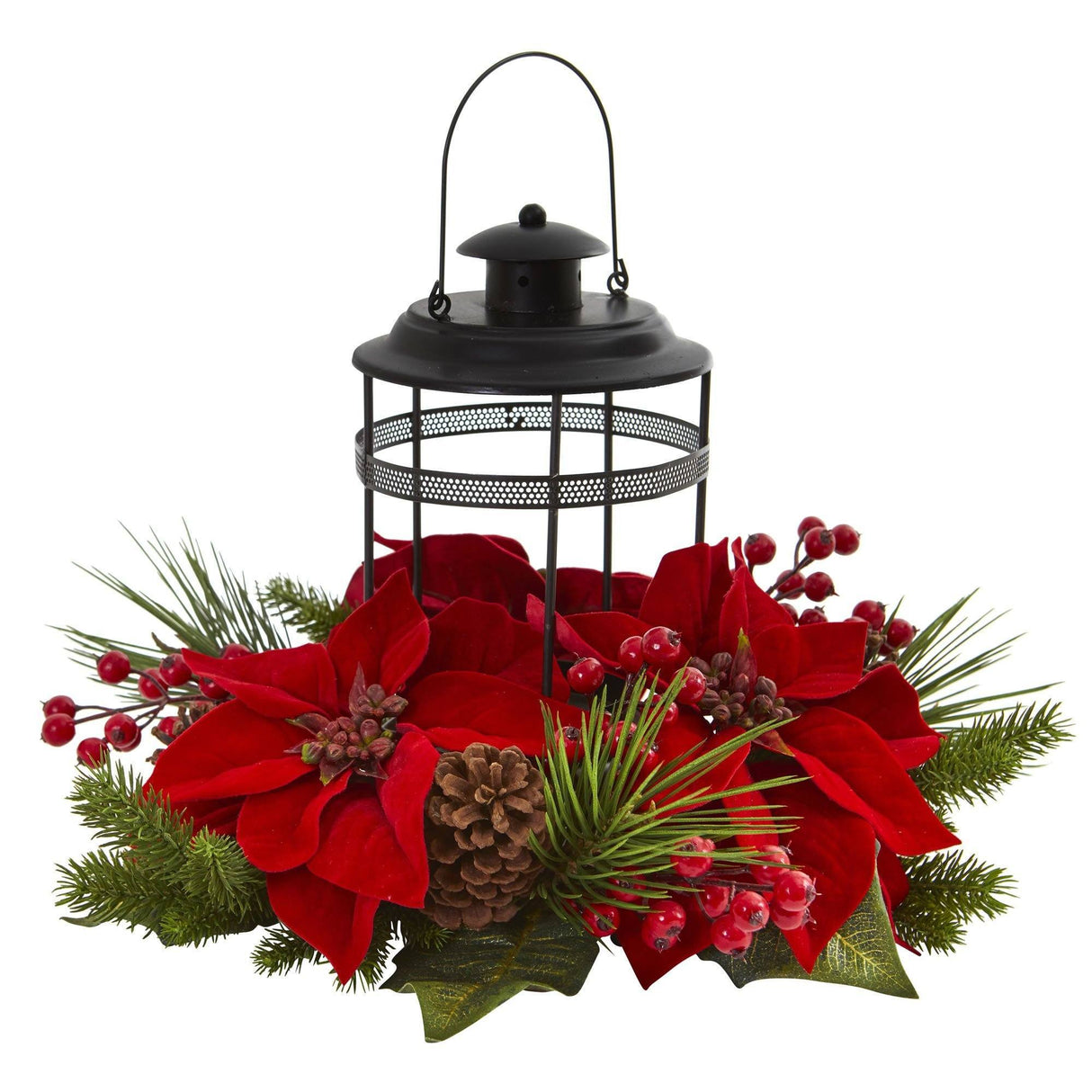 Poinsettia Berry Pine Artificial Arrangement Candelabrum by Nearly Natural