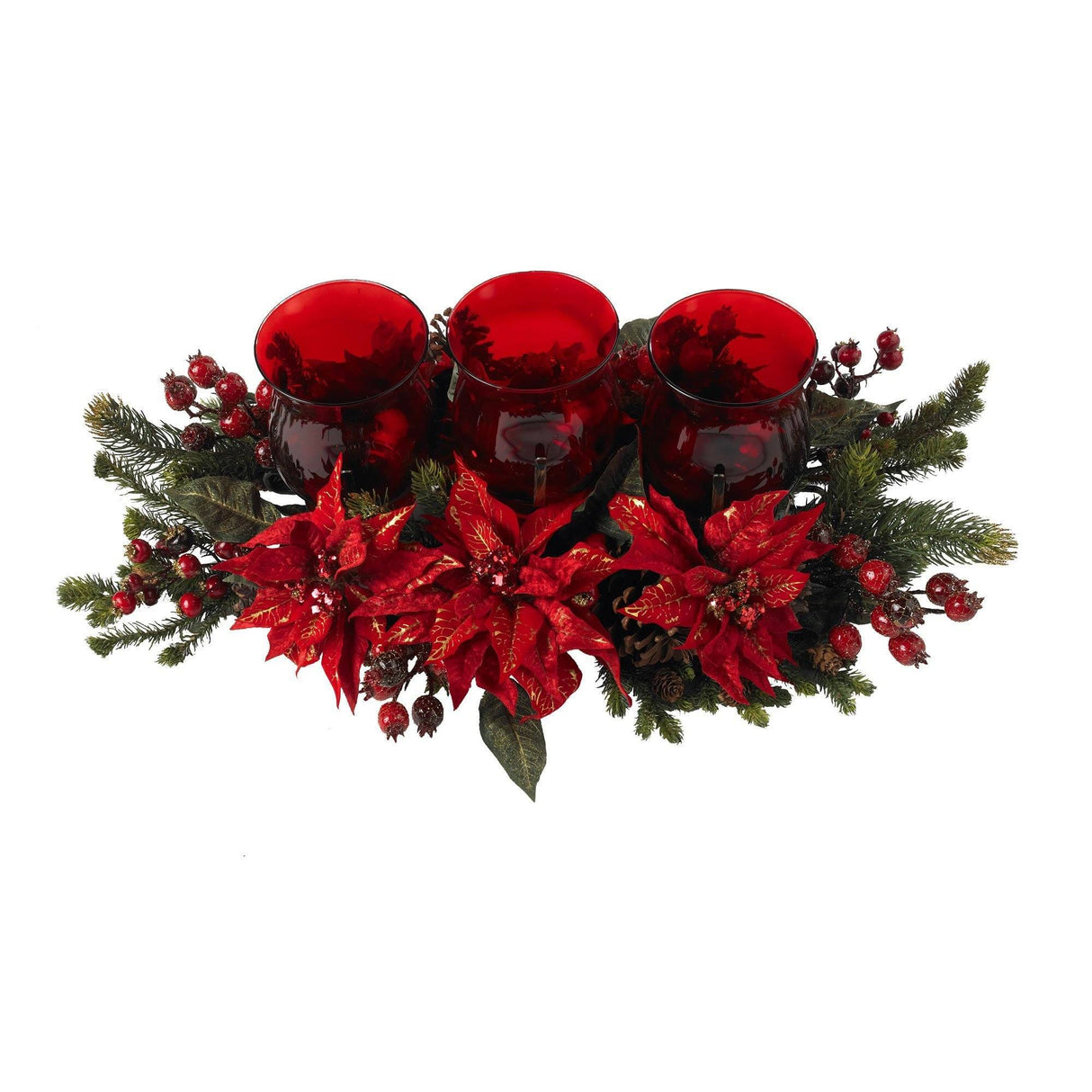 Poinsettia & Berry Triple Candle Holder by Nearly Natural