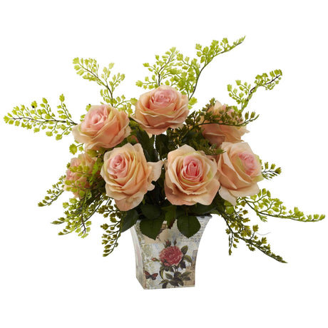 Rose & Maiden Hair w/Floral Planter by Nearly Natural