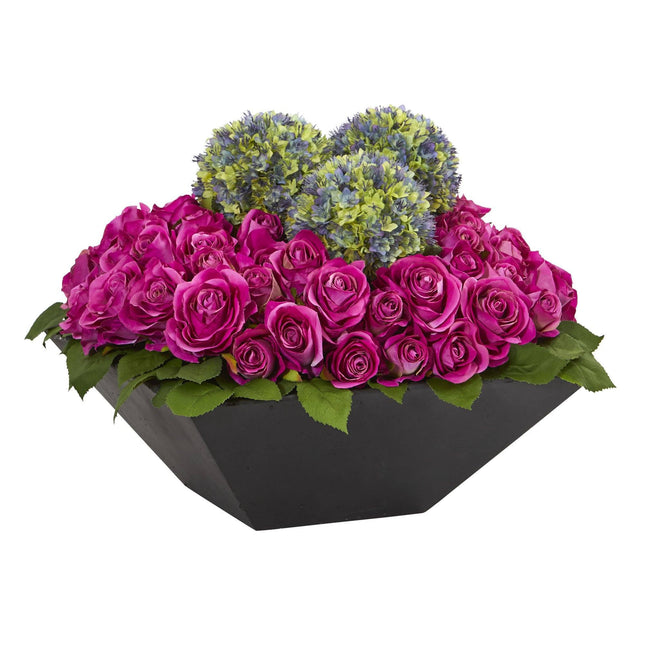Roses and Ball Flowers Artificial Arrangement in Black Vase by Nearly Natural