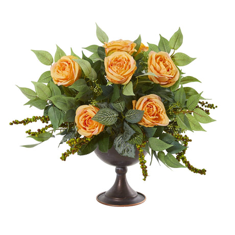 Roses and Mix Greens Artificial Arrangement in Metal Chalice by Nearly Natural