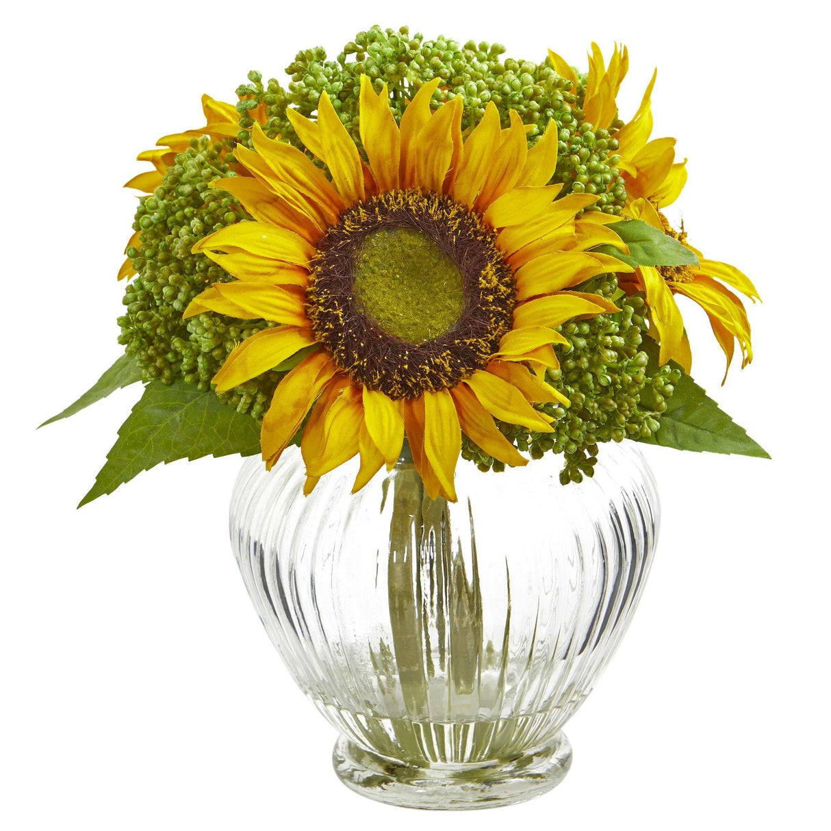 Sunflower Artificial Arrangement in Ribbed Glass Vase by Nearly Natural