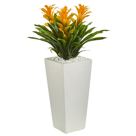 Triple Bromeliad Artificial Plant in White Tower Planter by Nearly Natural