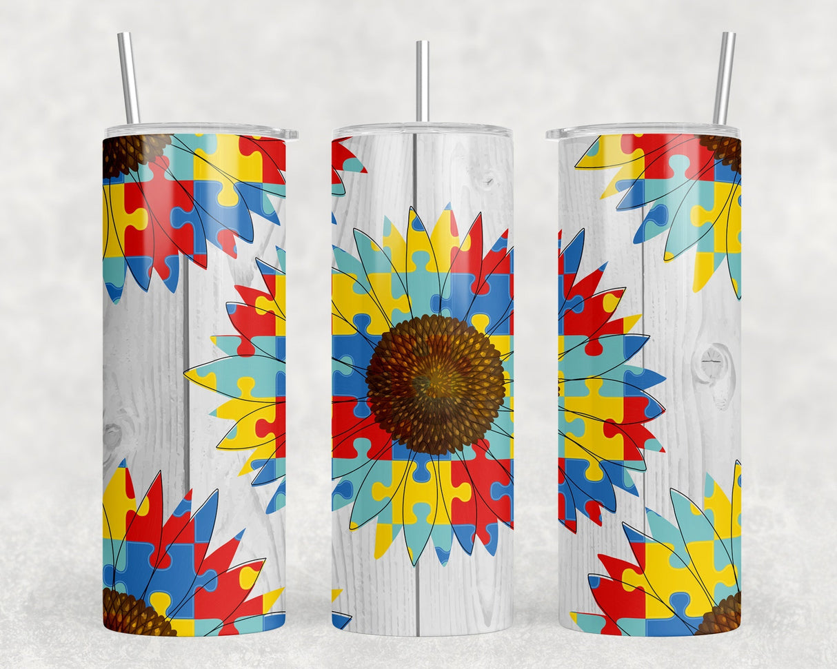 Autism Awareness Sunflower - 20 oz Steel Skinny Tumbler - Optional Blue Tooth Speaker - Speaker Color will Vary by Rowdy Ridge Co