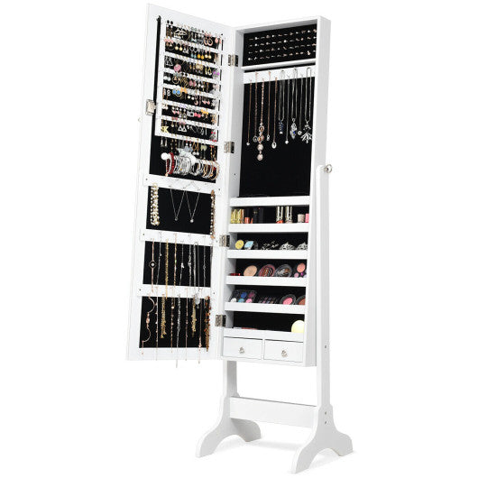 Lockable Mirrored Jewelry Cabinet Armoire Storage Organizer Box-White