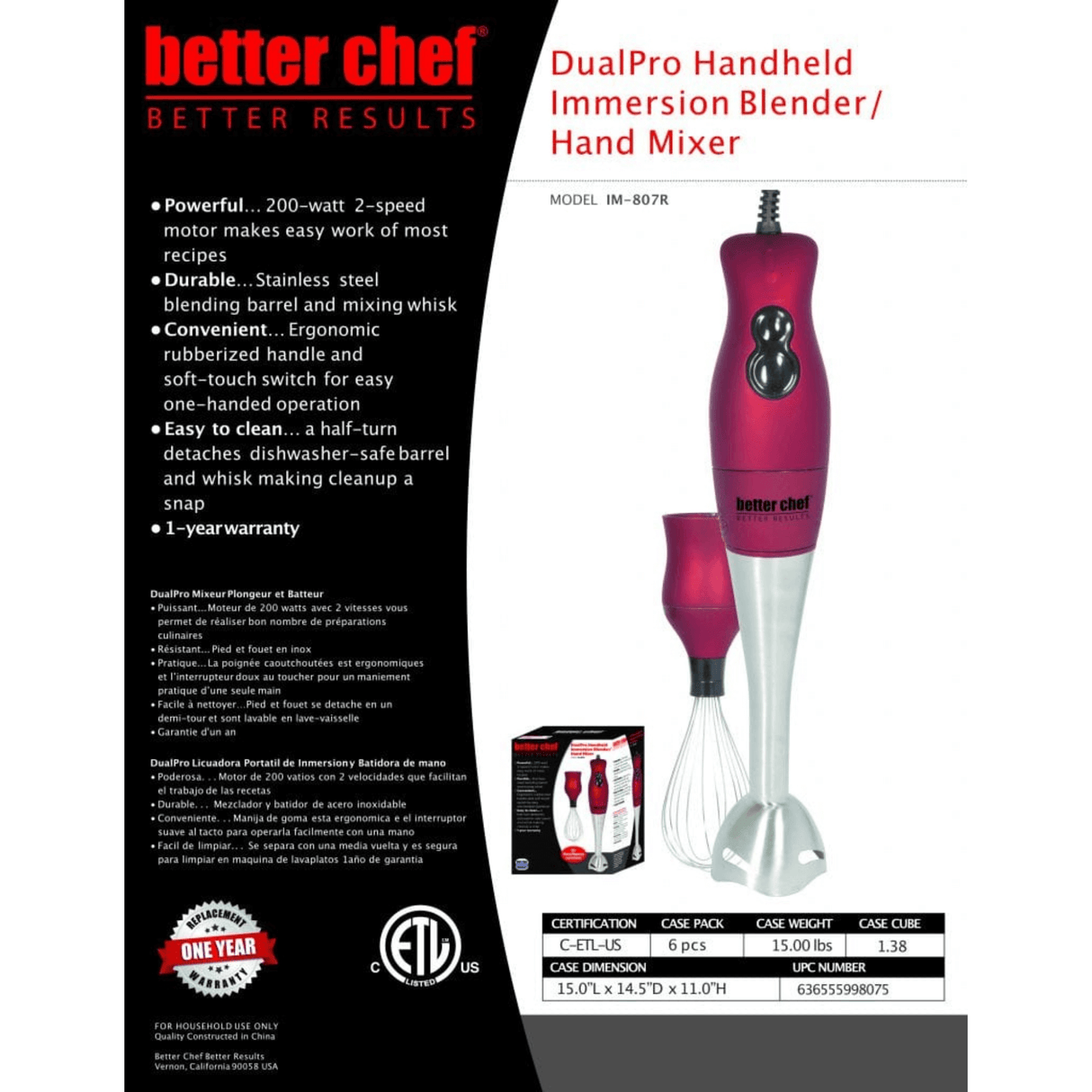 Better Chef 200W DualPro Immersion Blender Hand-Mixer with Cup and Beater by Jupiter Gear Home