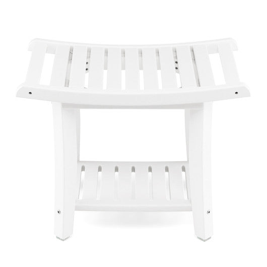 Heavy Duty Waterproof Bath Stool with Curved Seat and Storage Shelf-White