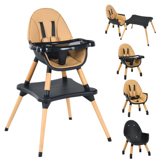 5-in-1 Baby Eat and Grow Convertible Wooden High Chair with Detachable Tray-Coffee