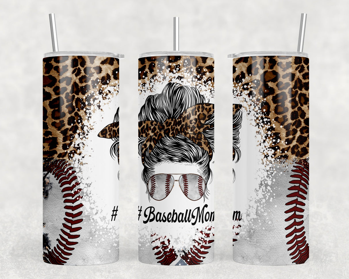 Baseball Mom Leopard Print - 20 oz Steel Skinny Tumbler - Optional Blue Tooth Speaker - Speaker Color will Vary by Rowdy Ridge Co