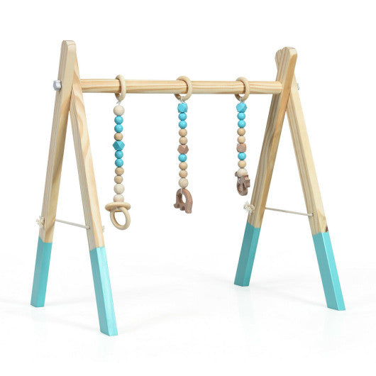 Portable 3 Wooden Newborn Baby Exercise Activity Gym Teething Toys Hanging Bar-Blue