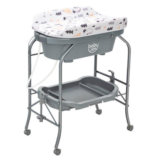 Portable Baby Changing Table with Storage Basket and Shelves-Gray