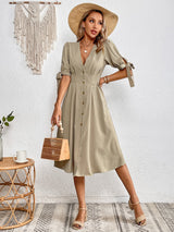 Tie Cuff Deep V Button Down Dress by Faz