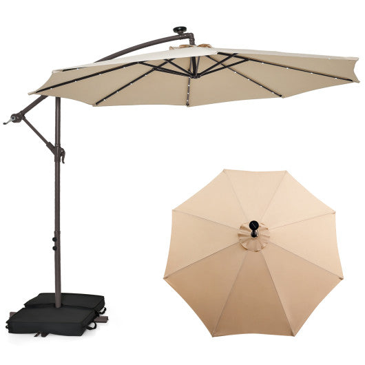 10 Feet Cantilever Umbrella with 32 LED Lights and Solar Panel Batteries-Beige