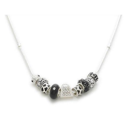 Silver Plated 'Midnight Sparkle' Black White Charm Bead Necklace by Liberty Charms USA