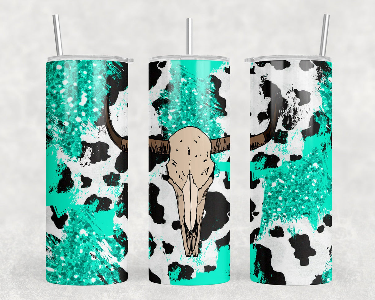 Blue Cow Print Bull Skull  - 20 oz Steel Skinny Tumbler - Optional Blue Tooth Speaker - Speaker Color will Vary by Rowdy Ridge Co