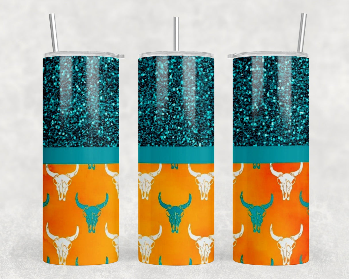 Bull Skull - 20 oz Steel Skinny Tumbler - Optional Blue Tooth Speaker - Speaker Color will Vary by Rowdy Ridge Co