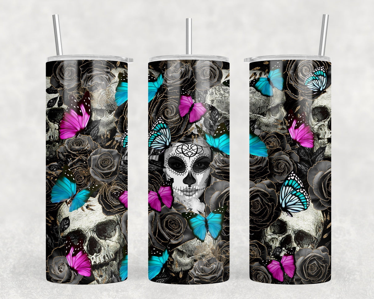 Butterfly Sugar Skull|Skinny Tumbler|Optional Bluetooth Speaker| Speaker Color Varies by Rowdy Ridge Co