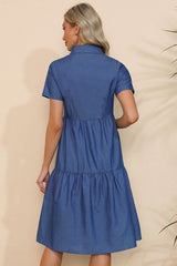 Short Sleeve Collared Button Down Denim Dress by Faz