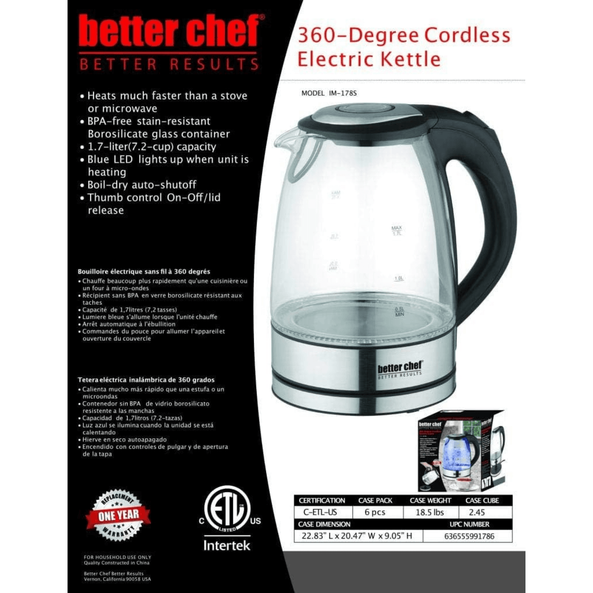 Better Chef 1500W 7-Cup Cordless Electric Borosilicate Glass Kettle with 360 Degree Swivel Base by Jupiter Gear Home