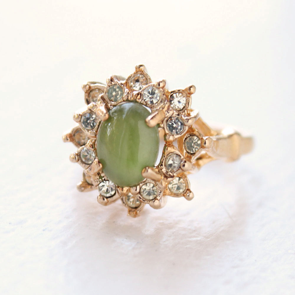 Vintage Ring Genuine Jade surrounded with Austrian Crystals 18k Yellow Gold Electroplated by PVD Vintage Jewelry