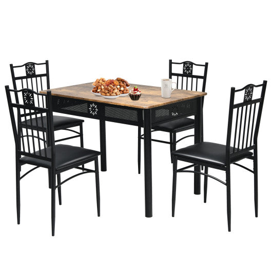 5 Pcs Dining Set Wood Metal Table and 4 Chairs with Cushions-Black