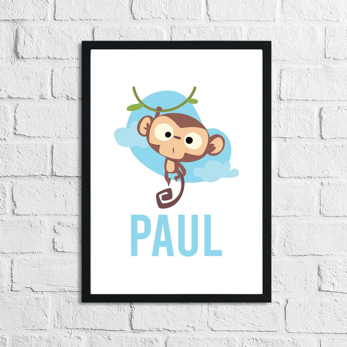 Cartoon Monkey Personalised Name Blue Children's Room Wall Decor Print by WinsterCreations™ Official Store