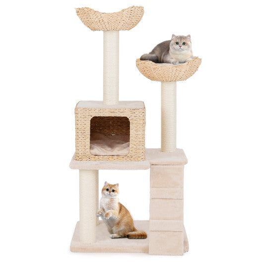 48 Inch Cattail Cat Tower with Sisal Scratching Posts Perch and Condo-Beige