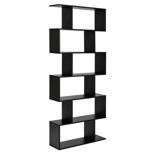 6 Tier S-Shaped Bookshelf Storage Display Bookcase Decor Z-Shelf -Black