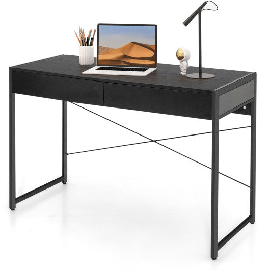 2-Drawer Home Office Desk with Steel Frame-Black