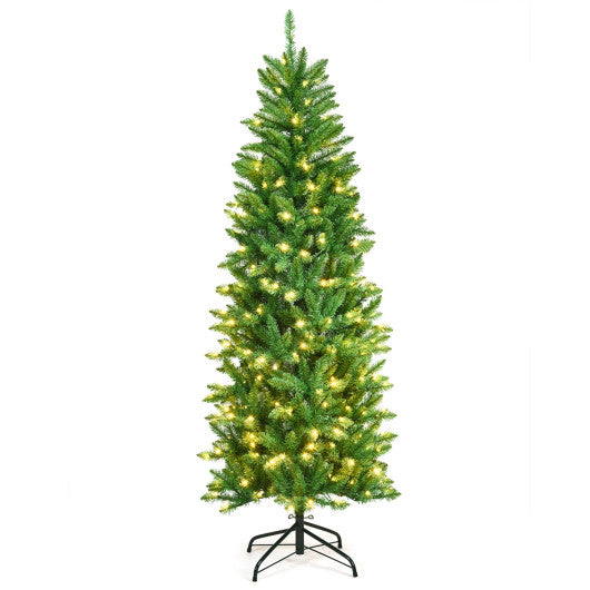 6 Feet PVC Hinged Pre-lit Artificial Fir Pencil Christmas Tree with 150 Lights-6 ft