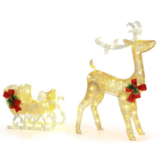 Christmas Reindeer Sleigh Decoration with 100 Lights-Golden