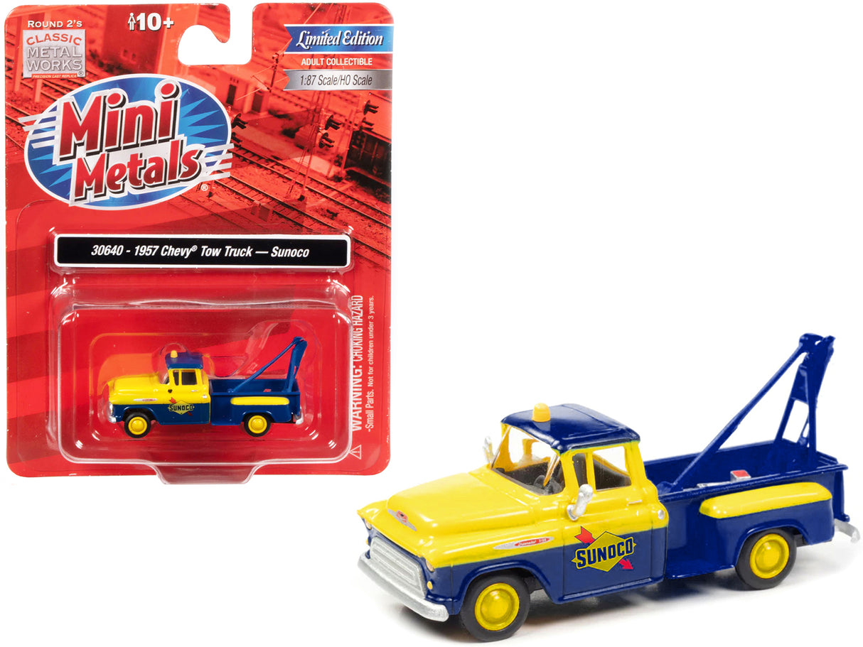 1957 Chevrolet Stepside Tow Truck "Sunoco" Blue and Yellow 1/87 (HO) Scale Model Car by Classic Metal Works