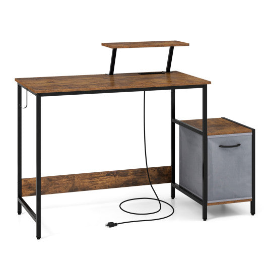 Computer Desk with Reversible Storage Drawer and Moveable Shelf-Brown