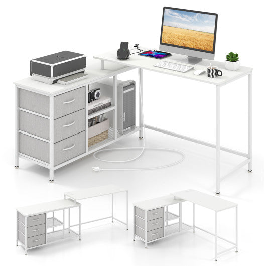 L-shaped Computer Desk with Power Outlet for Working Studying Gaming-White