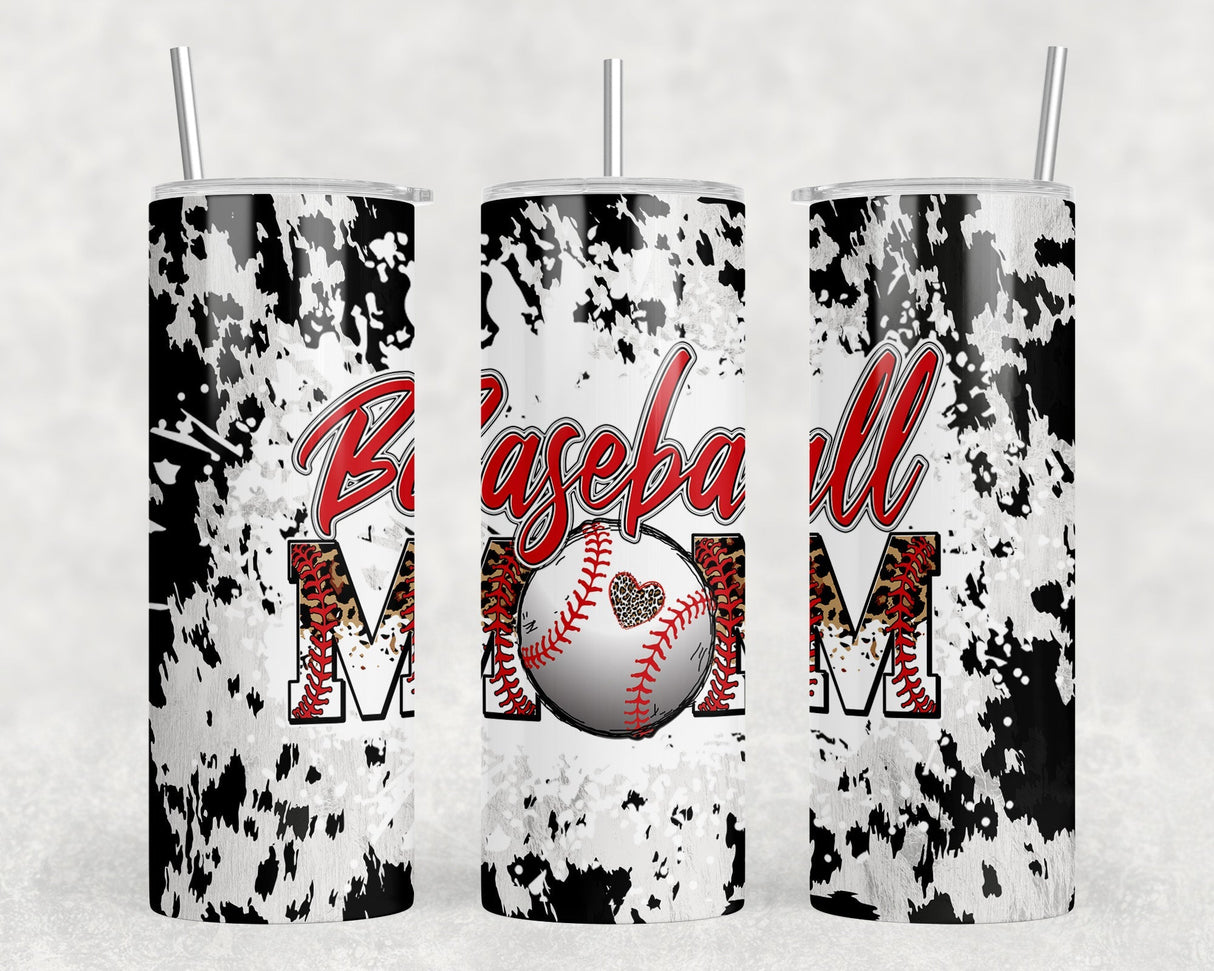 Cow Print Baseball Mom - 20 oz Steel Skinny Tumbler - Optional Blue Tooth Speaker - Speaker Color will Vary by Rowdy Ridge Co