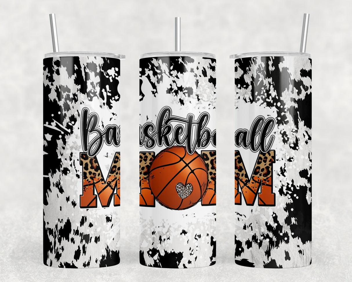 Cow Print Basketball Mom - 20 oz Steel Skinny Tumbler - Optional Blue Tooth Speaker - Speaker Color will Vary by Rowdy Ridge Co